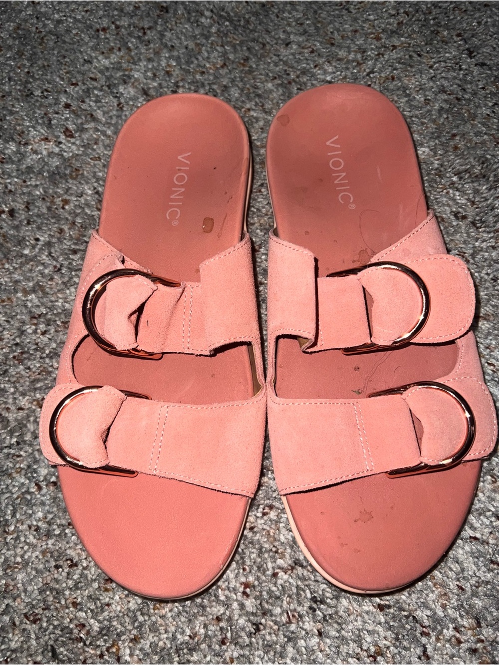 Vionic Coral Pink Double Buckle Slide Sandals